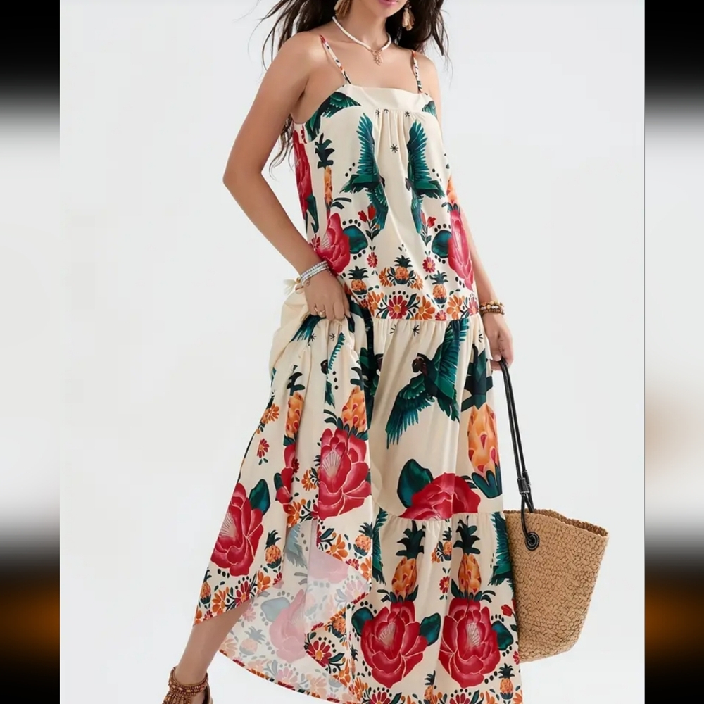 Beautiful tribal print in luxurious bright colored print square neck maxi dress - Picture 7 of 13